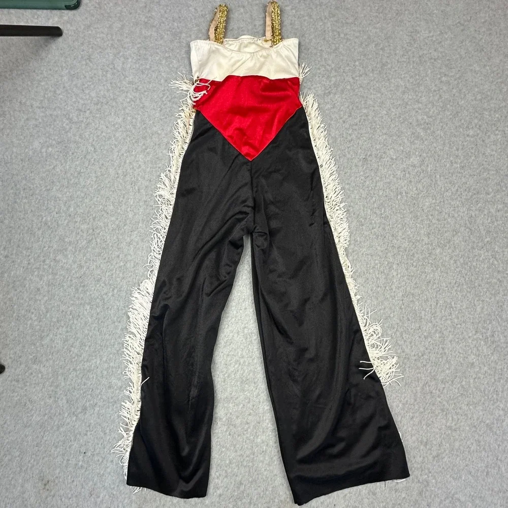 Kids Western Cowgirl Dance Costume Jumpsuit Gold Sequin Fringe Stars Black Red